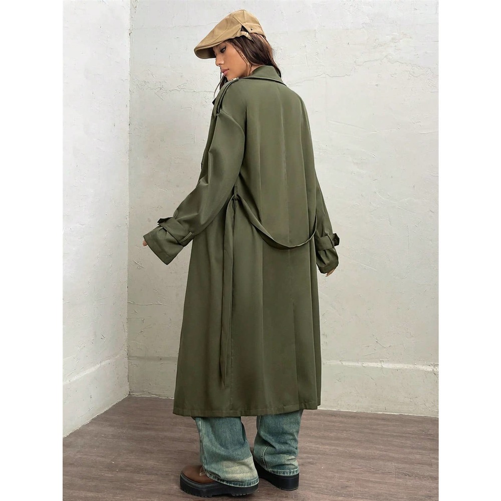 preppy olive green Lapel collar Double Breasted Belted Trench Coat - Picture 2 of 7